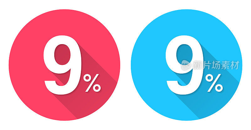 9% - 9%。圆形图标与长阴影在红色或蓝色的背景